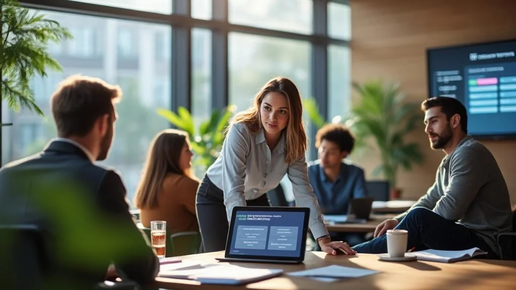 Agents territoriaux en formation personnalisée avec catalogue formation CNFPT dans un centre moderne et lumineux