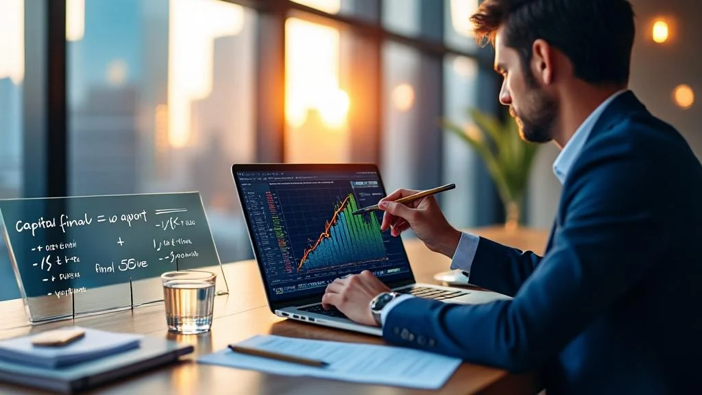 Calcul rendement placement avec formules et graphique d’intérêts composés sur bureau moderne en lumière naturelle