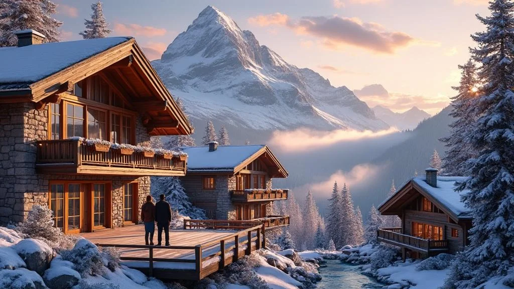 Chalet et appartements de luxe au Mont Blanc, vue panoramique des Alpes enneigées pour investissement immobilier