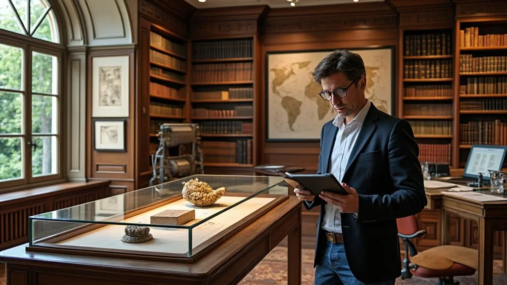 Conservateur du patrimoine en tenue professionnelle dans un bureau lumineux entouré d'artefacts et livres anciens