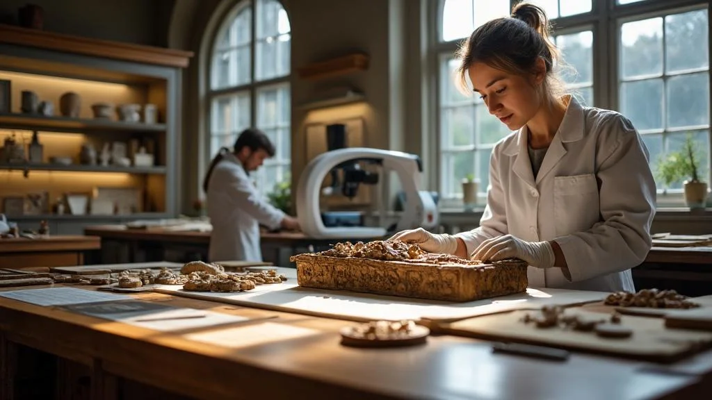 Conservateur du patrimoine examinant une relique ancienne dans un laboratoire de restauration moderne