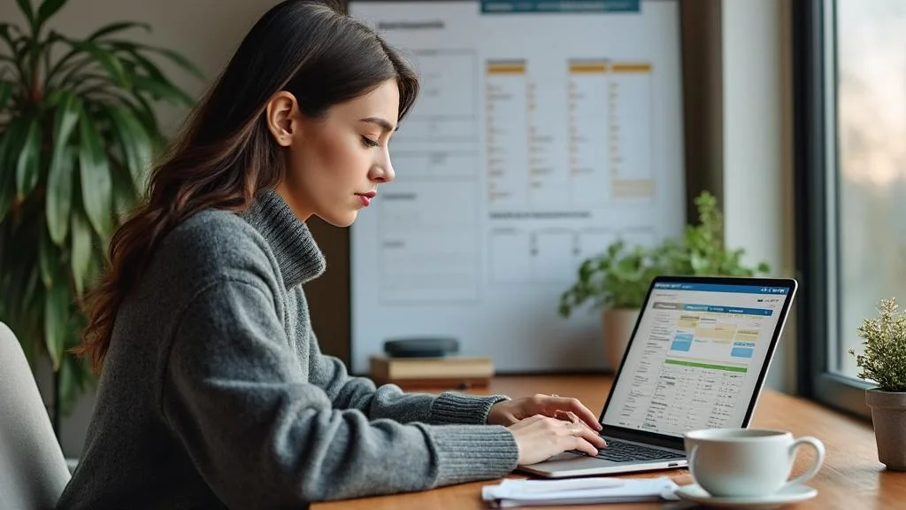 Femme utilisant un comparateur de mutuelle sans engagement dans un bureau moderne lumineux