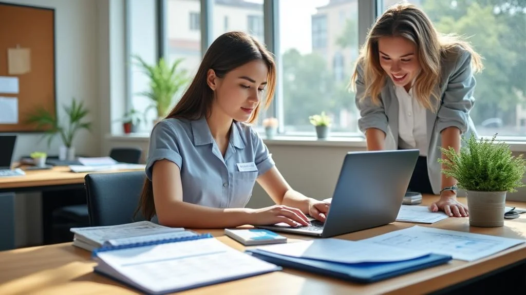 Formation secrétaire de mairie dans un bureau municipal moderne avec une stagiaire en formation active