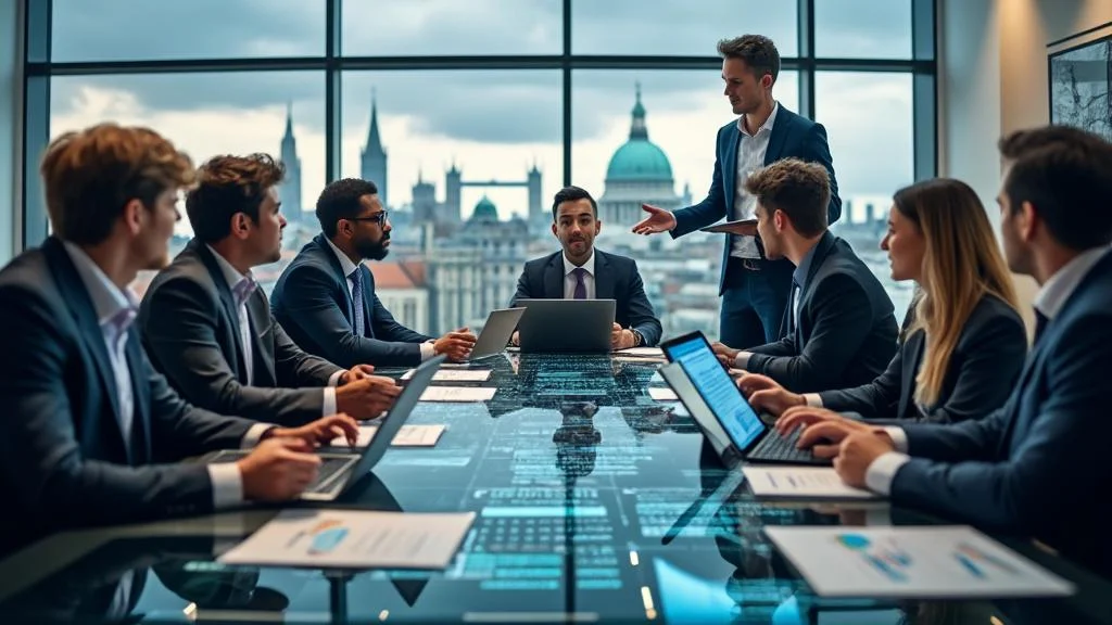 Professionnels en réunion dans une entreprise anglophone au Royaume-Uni et en Irlande, dynamique moderne