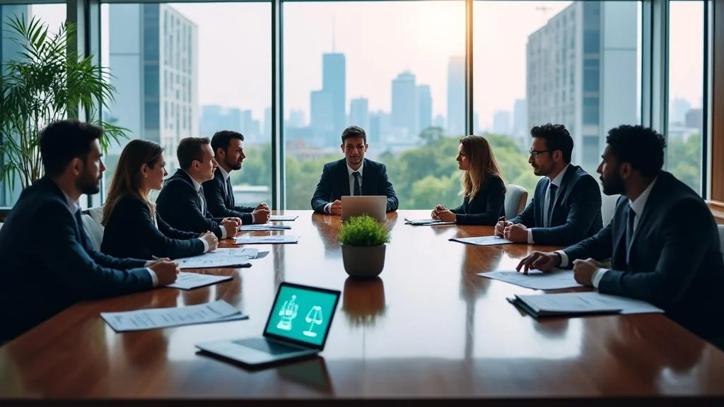 Réunion d’entreprise sur la gouvernance intégrant rentabilité et enjeux ESG contemporains