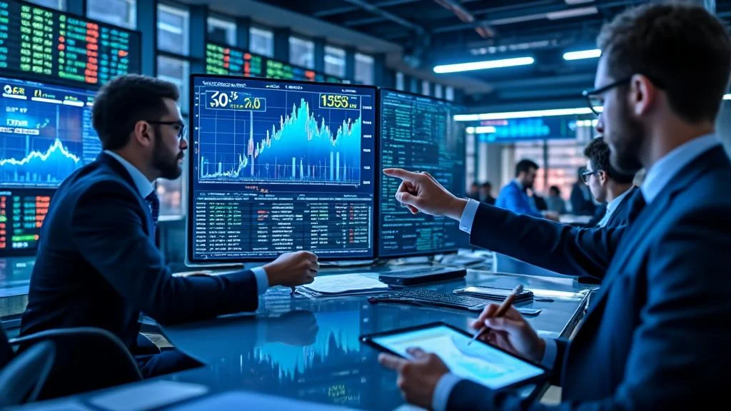 Salle de marché moderne illustrant l’analyse boursière de Micron Technology avec investisseurs concentrés