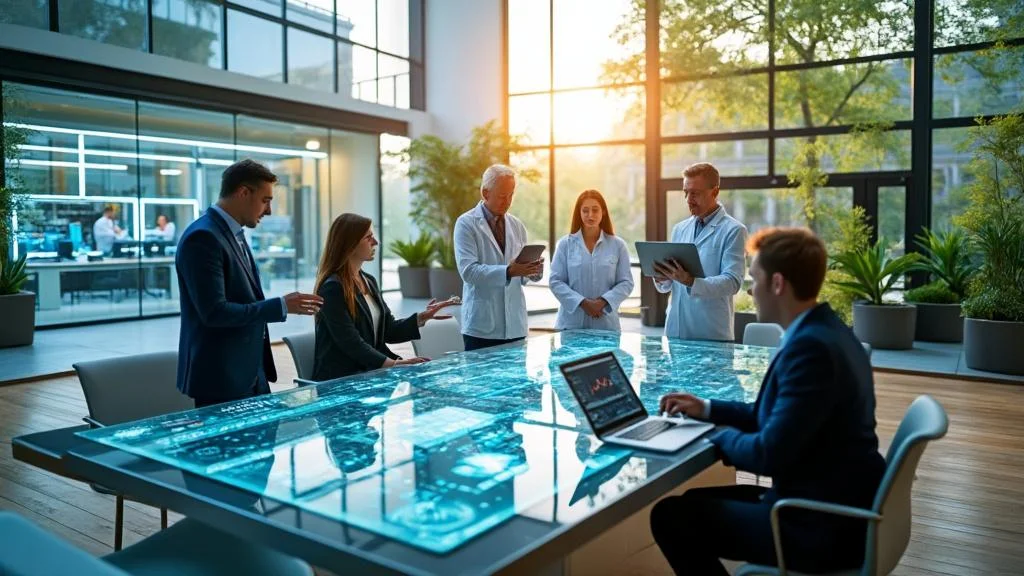 Scène réaliste d’entreprises anglophones au Royaume-Uni et Irlande, innovation, durabilité et communication interculturelle