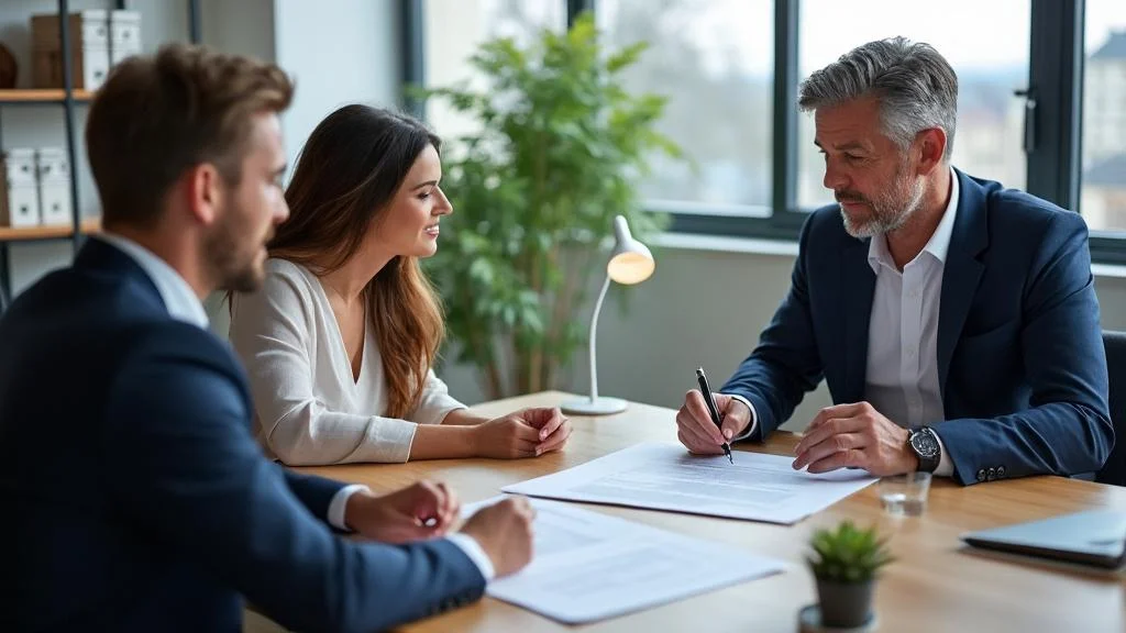 Signature d’un mandat de recherche immobilier entre un agent et un couple dans un bureau moderne lumineux